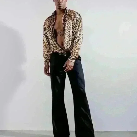 Orttu Justin Shirt w/matching Scarf Silky satin‎ with bold jaguar print Sz Large